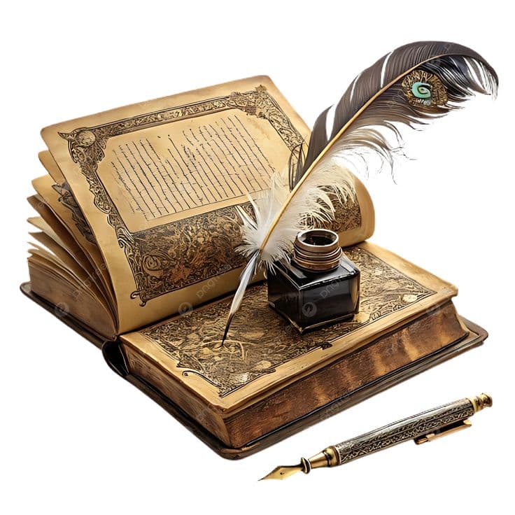 Illustration of an antique open book with a quill and inkwell, representing translation